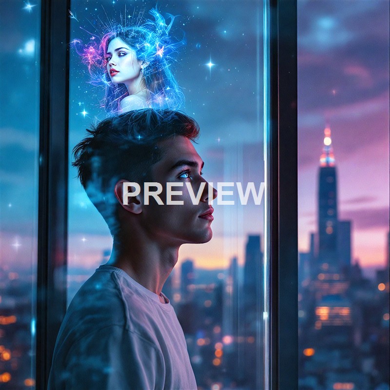 A young man gazes thoughtfully out of a window at dusk, with a digital, glowing female figure appearing as a hologram above his head against a city skyline background.